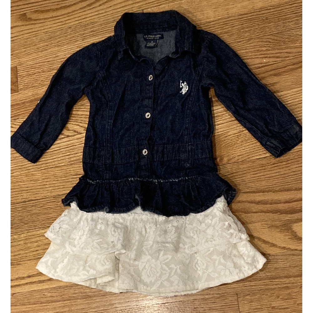 Size 4 Girls Denim Dress US Polo Assn Lace Ruffle Logo Long Sleeve